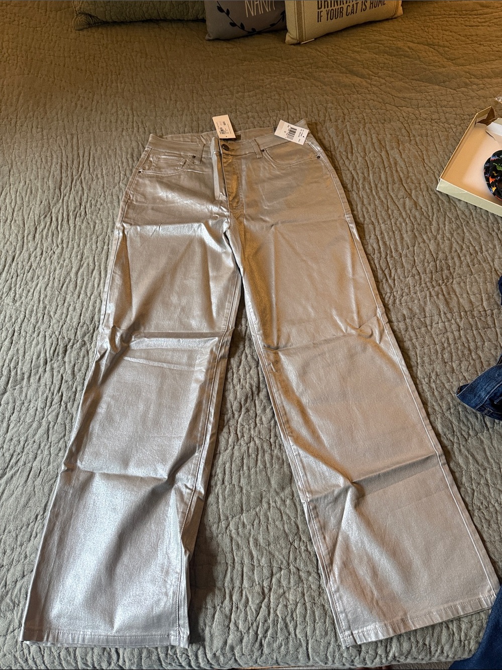 Metallic Silver Wide-Leg Pants
